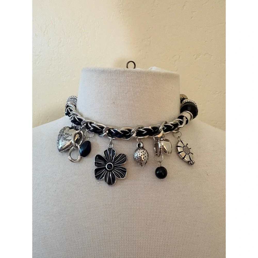 Chunky Silver Black Woven‎ Chain Charm Choker Necklace Heart Flower Y2K Grunge